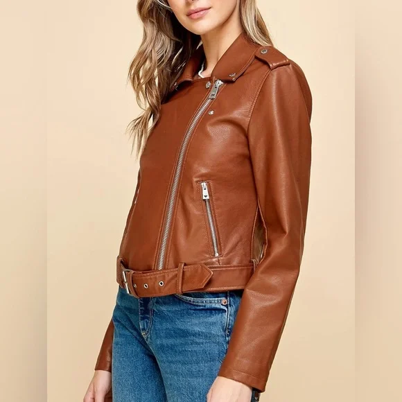 Faux Leather Zip Up Moto Biker Jacket -camel - Picture 4 of 7